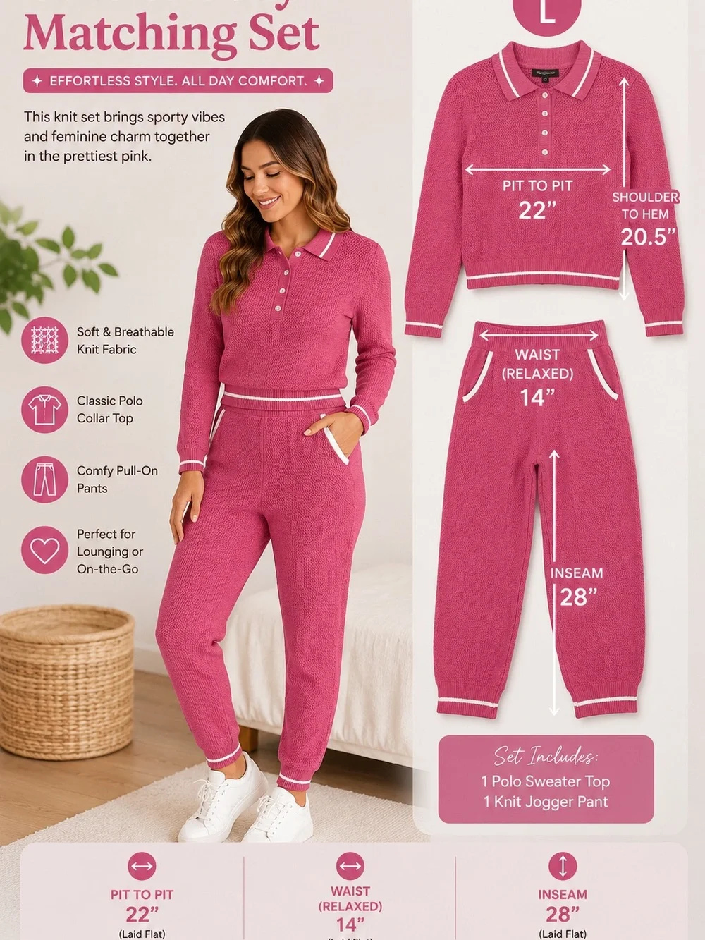 36point5 Pink Knit Matching Set Polo Sweater Top Jogger Pants 2 Piece Set